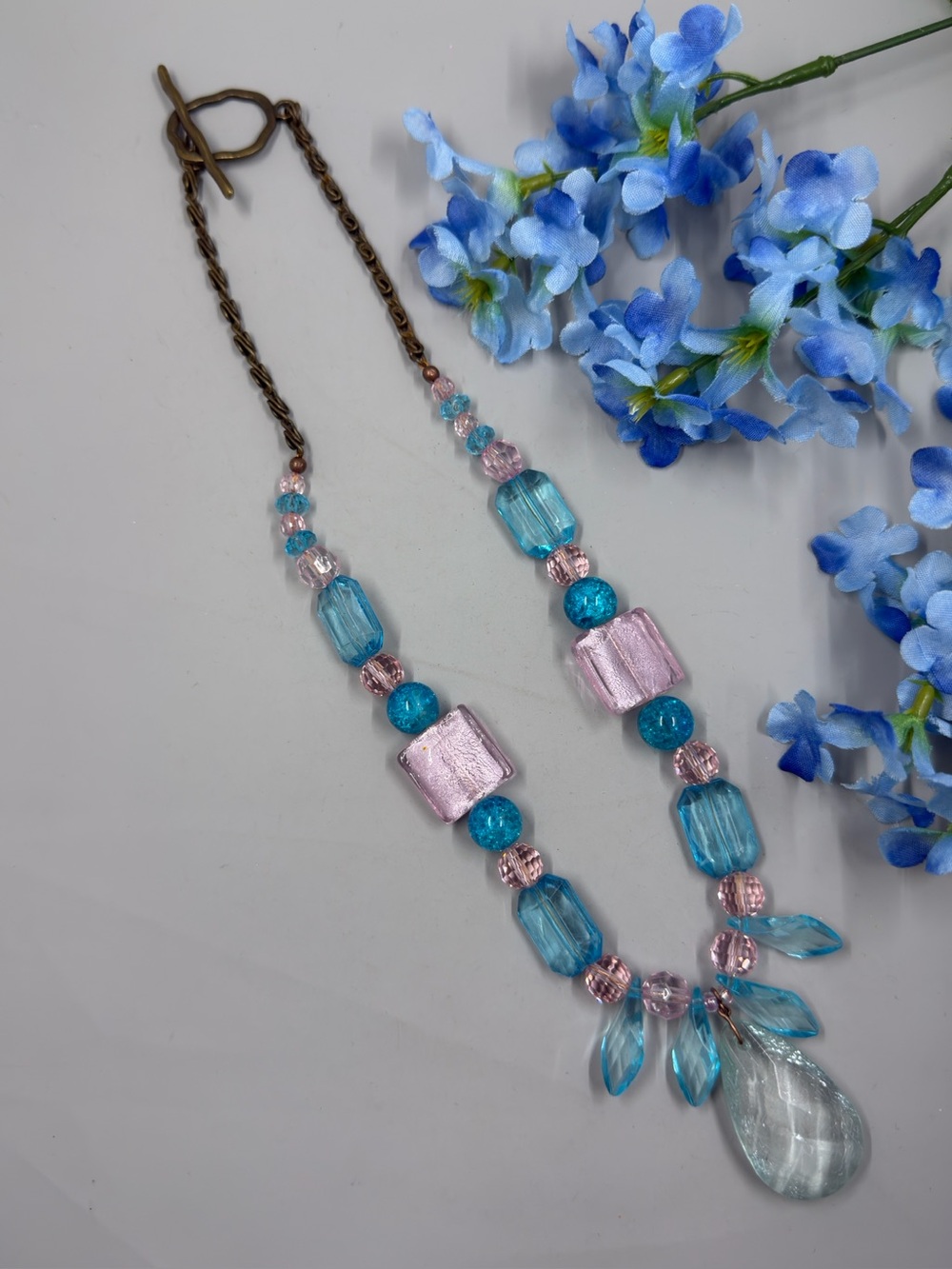 Genuine Glass Crystal Bright Punk and Blue Statement Necklace